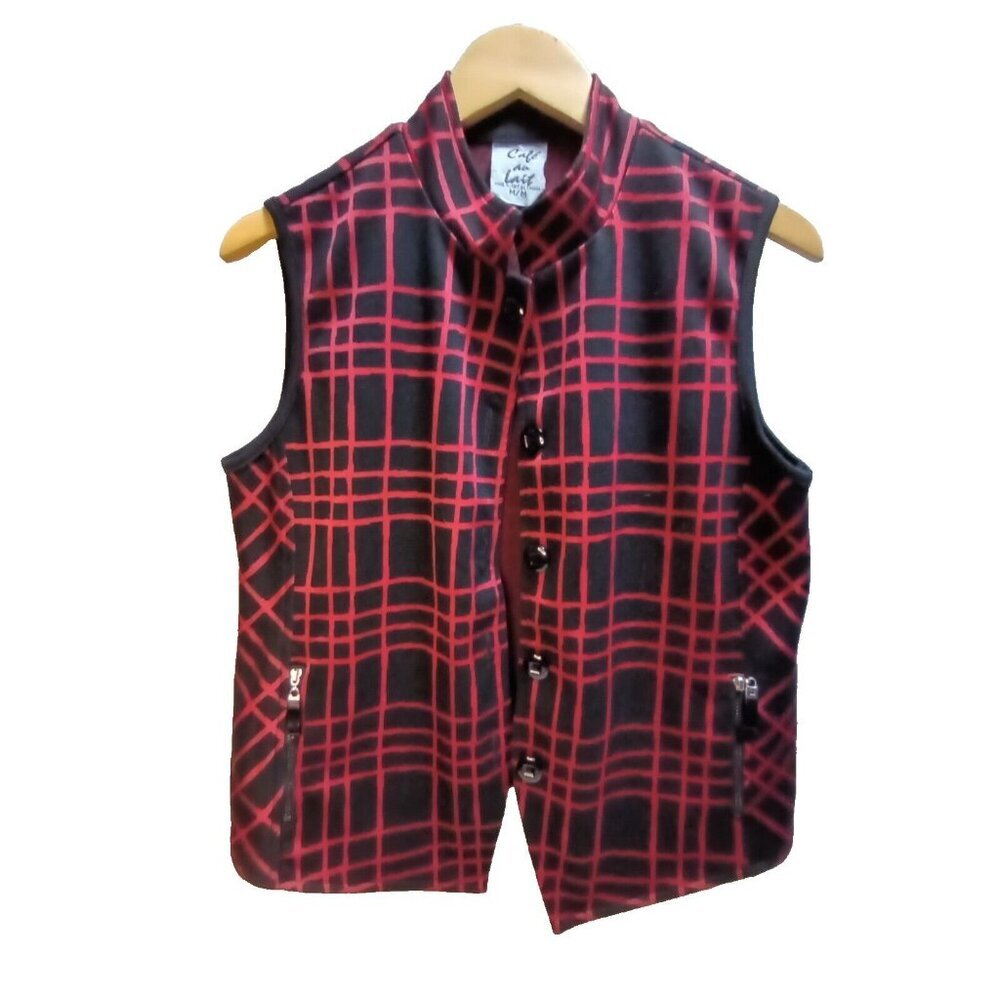 Cafe Au Lait Womens Button Front Black/Red Plaid Vest Medium Zip Pockets Stretch